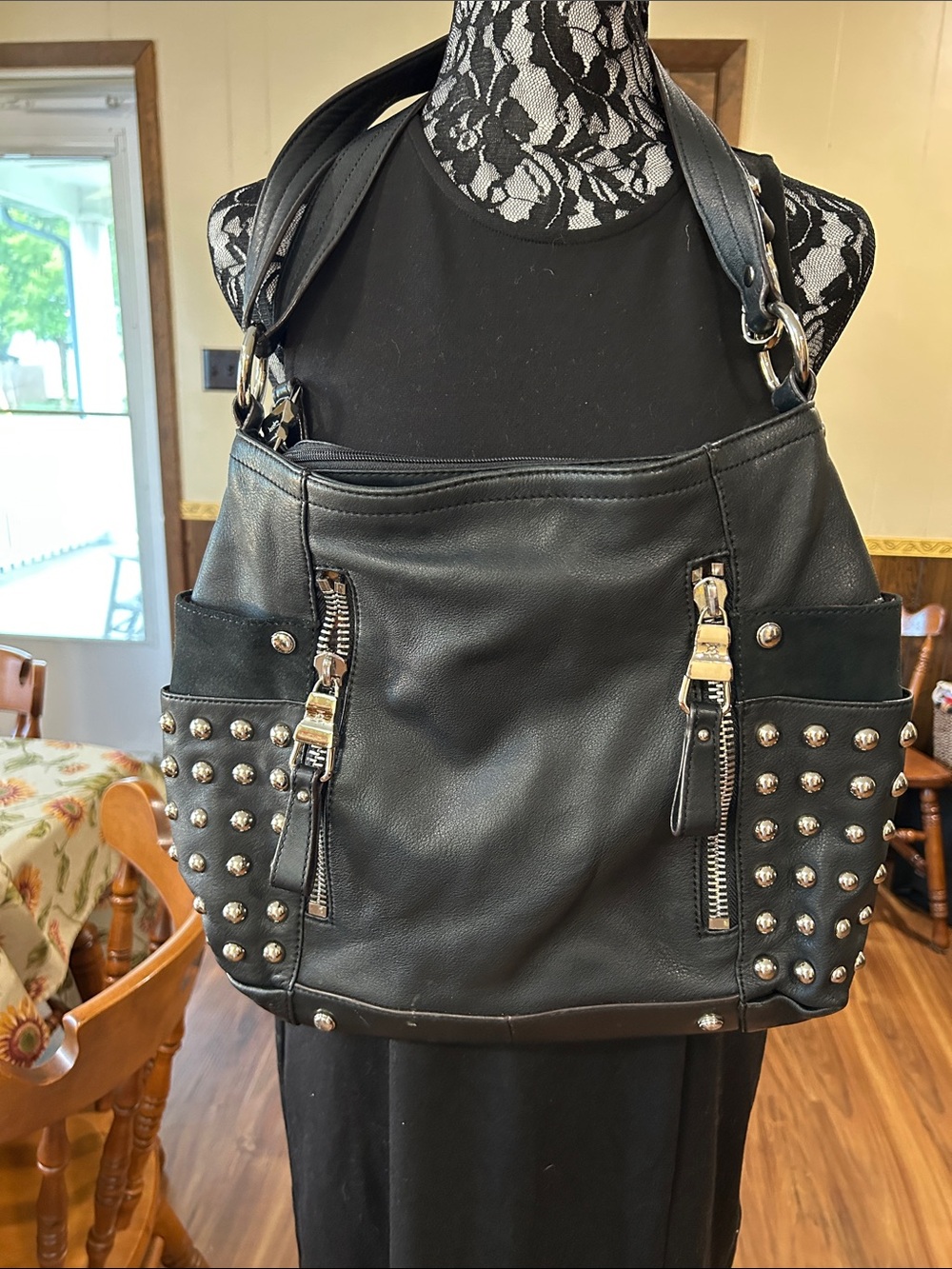 B Makowsky Black Studded Shoulder Tote Bag with dusty